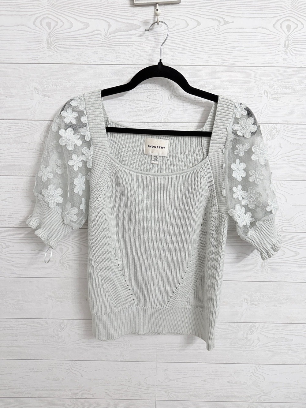 Industry Women’s Mint Green Knit Square-Neck Top with Floral Sleeves. Size L